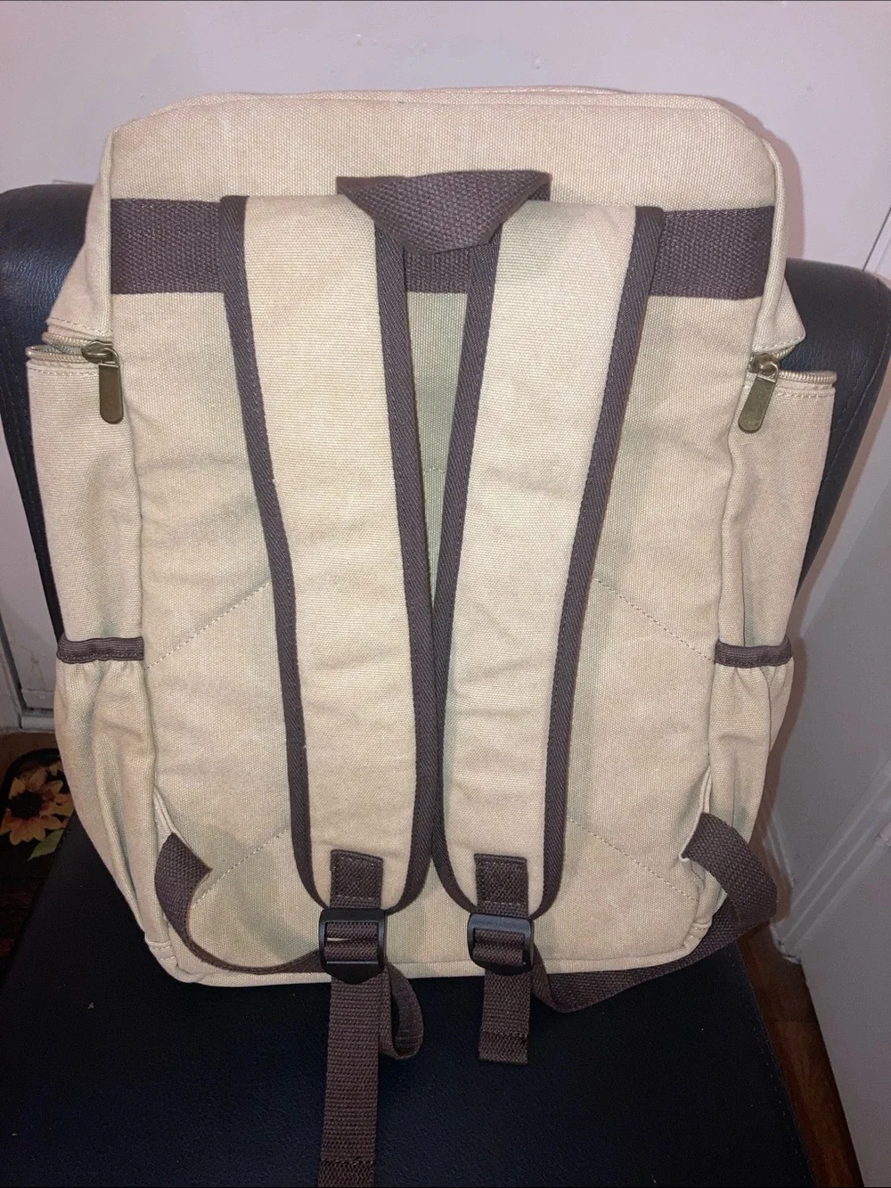 Portage Unisex Beige Canvas Backpack with Brown Trim